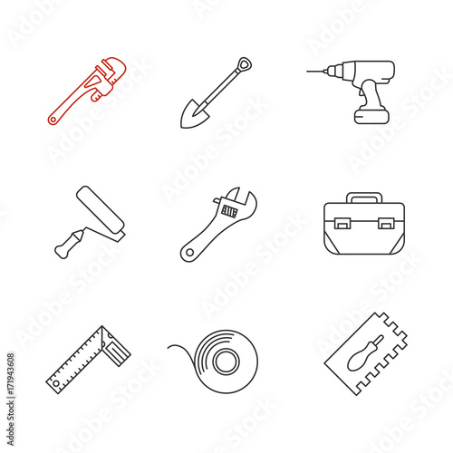 Construction tools linear icons set