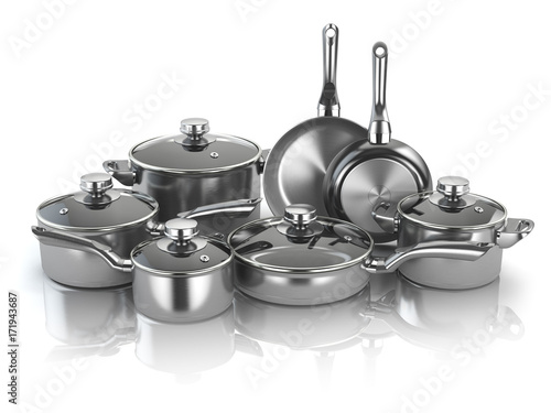 Pots and pans. Set of cooking stainless steel kitchen utensils and cookware photo