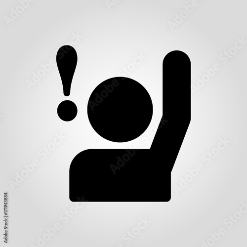 Simple vector icon with man or person with raised hand and an exclamation mark. Man warning.