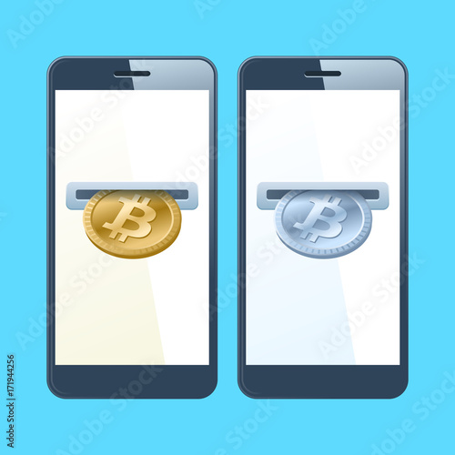 Two mobile phones and bitcoins. A coin slotes with gold and silver bitcoins are inserting at the screen. Money, banking, online payment, buying, cash concept. Vector flat material design illustration.