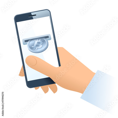 A human hand holding a mobile phone. A coin slot with silver bitcoin is inserting at the screen. Money, banking, online payment, buying, cash concept. Vector flat illustration of hand, phone, bitcoin.