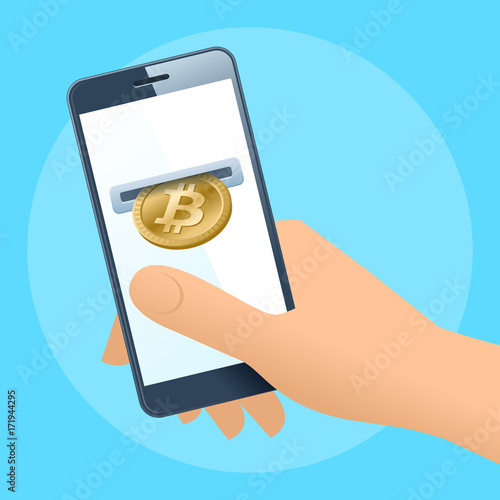 A human hand holding a mobile phone. A coin slot with gold bitcoin is inserting at the screen. Money, banking, online payment, buying, cash concept. Vector flat illustration of hand, phone, bitcoin.