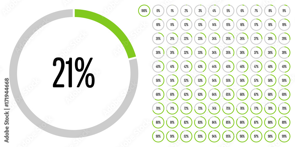 Set of circle percentage diagrams from 0 to 100 ready-to-use for web design, user interface (UI) or infographic - indicator with green - obrazy, fototapety, plakaty 