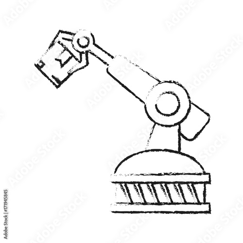 factory robot arm with cardboard box industry icon image vector illustration design