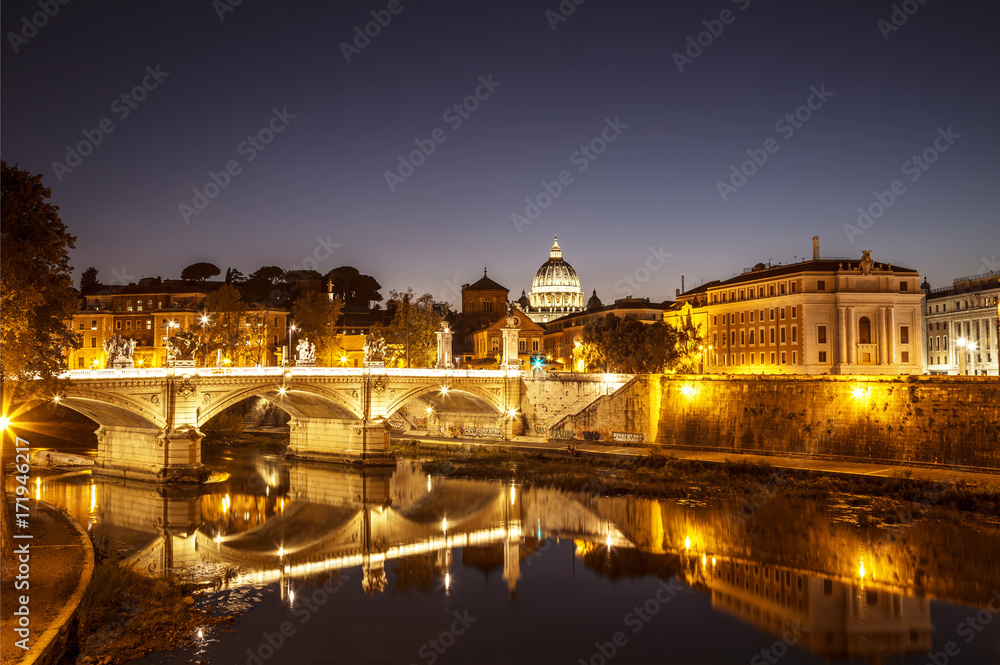 The night view of Rome from the Ponte Sant'angelo, Italy