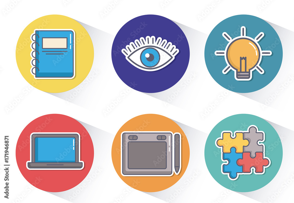 creativity process related icons over colorful circles and white background vector illustration