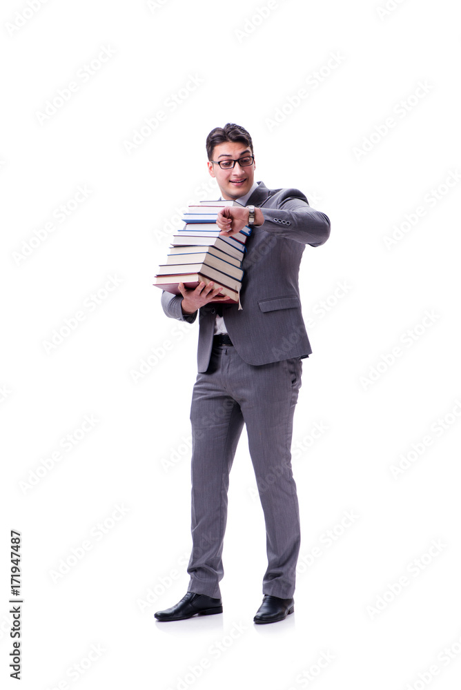 Businessman student carrying holding pile of books isolated on w Businessman student carrying holding pile of books isolated on w