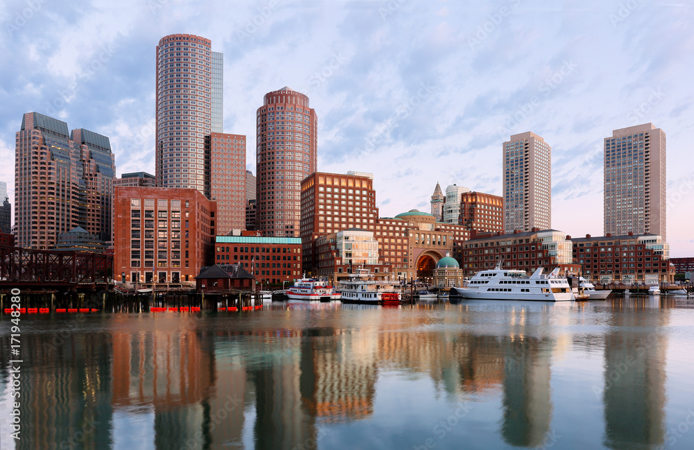 Boston Financial District before sunrise viewing from Fan Pier Park, Boston, Massachusetts, USA