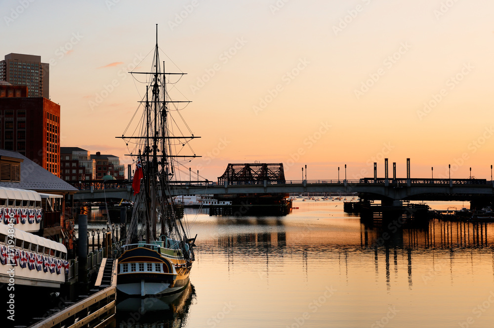 Boston harbor at sunrise, Boston, Massachusetts, USA