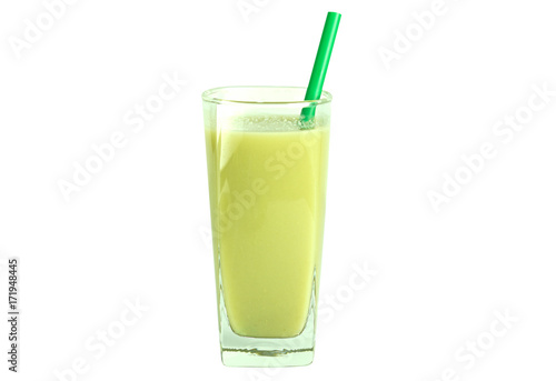 Wallpaper Mural Healthy green smoothie with green straw in a clear tall glass isolated on white Torontodigital.ca