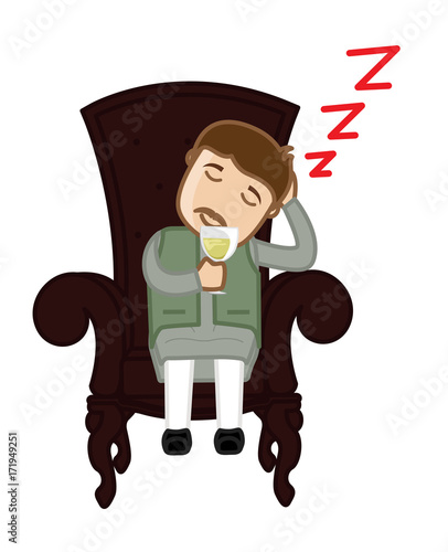 Funny Man Sleeping on Chair and Holding Wine Glass