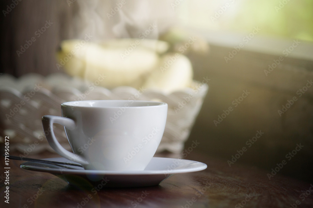 White Coffee Cup With Smoke On Soft Light In Morning For Background