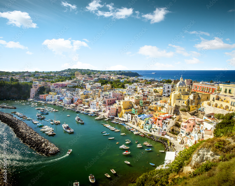 Panoramic view of Corricella village on Procida island in Italy