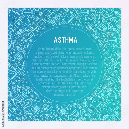 World asthma day concept with thin line icons: air pollution, smoking, respirator, therapist, inhaler, bronchi, allergy symptoms and allergens. Vector illustration for banner, web page, print media.