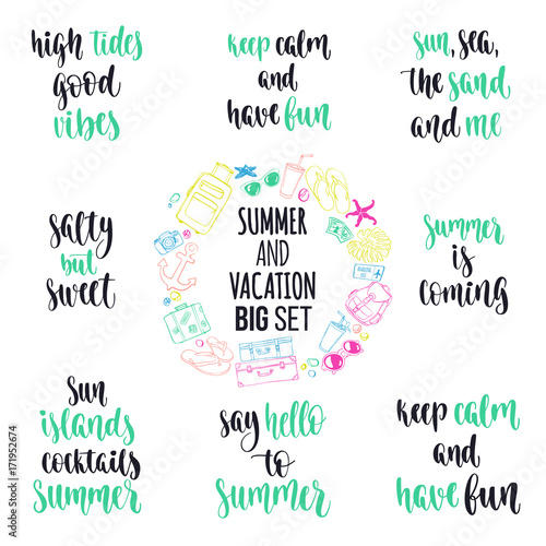 Handwritten brush lettering. Hand drawn design elements and journey quotes. Vector illustration for your design on white background.