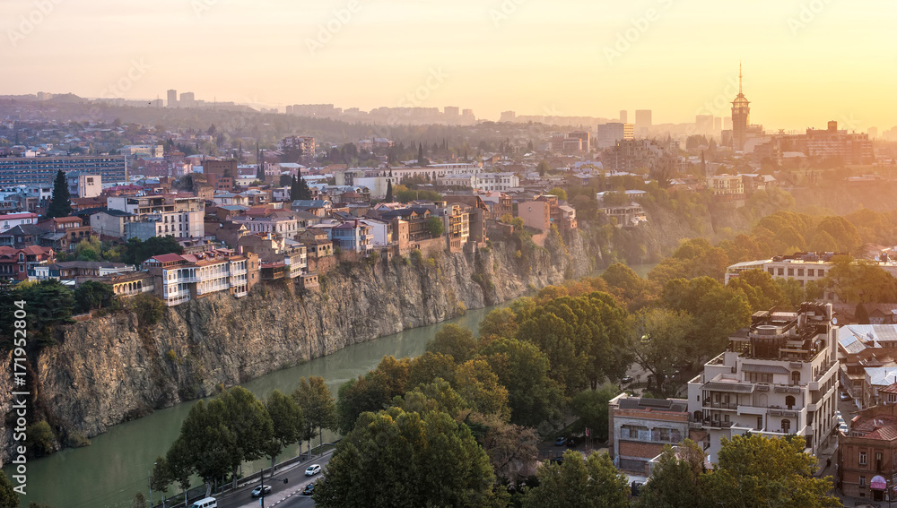 beautiful sunset cityscape of Tbilisi from Narikala fortress, Georgia