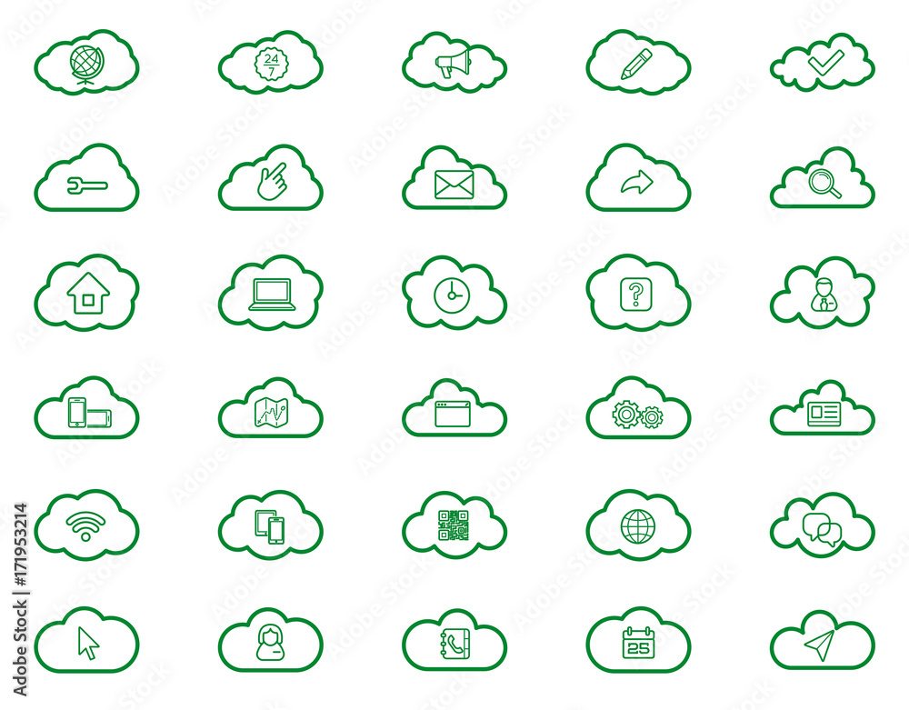 Cloud computing linear icons set. Download, upload, settings and preferences symbols. Lock, unlock and folder icons. Online data storage icons. Vector isolated outline drawings Cloud computing linear icons set. Download, upload, settings and preferences symbols. Lock, unlock and folder icons. Online data storage icons. Vector isolated outline drawings