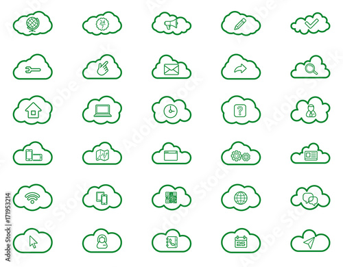 Cloud computing linear icons set. Download, upload, settings and preferences symbols. Lock, unlock and folder icons. Online data storage icons. Vector isolated outline drawings