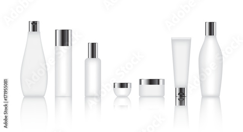 Cosmetic bottle set for liquid, cream, gel, lotion. Skin care product package, vector illustration.