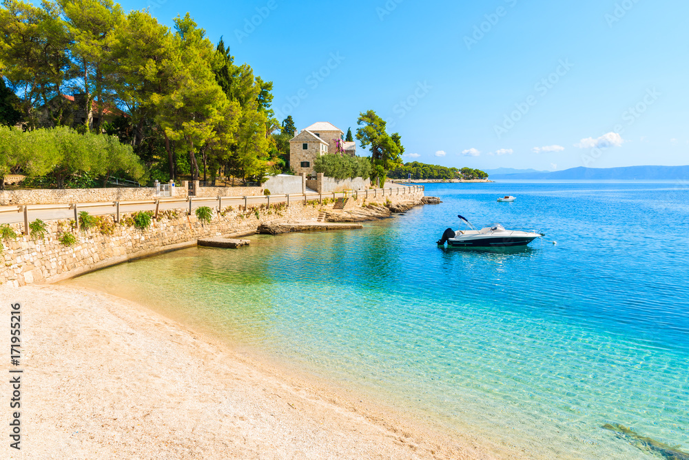 Turquoise sea water of beach in Sumartin town on Brac island, Croatia