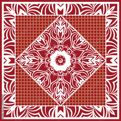 Design of Scarf with Mandala Flower Pattern. Vector illustration. Red color. For Print Bandana, Shawl, Carpet photo