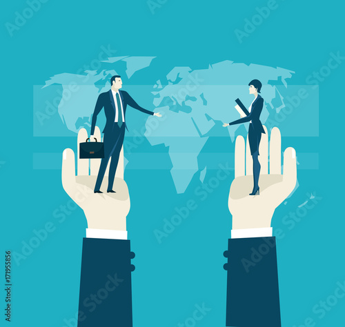 Human hand holding the businessmen and businesswoman in front of the map.. Representation of successes  control  support and coordination. Concept illustration