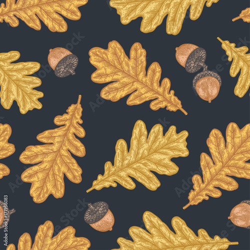 Engraving seamless pattern of Oak Leaf and Acorn.