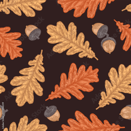 Engraving seamless pattern of Oak Leaf and Acorn.