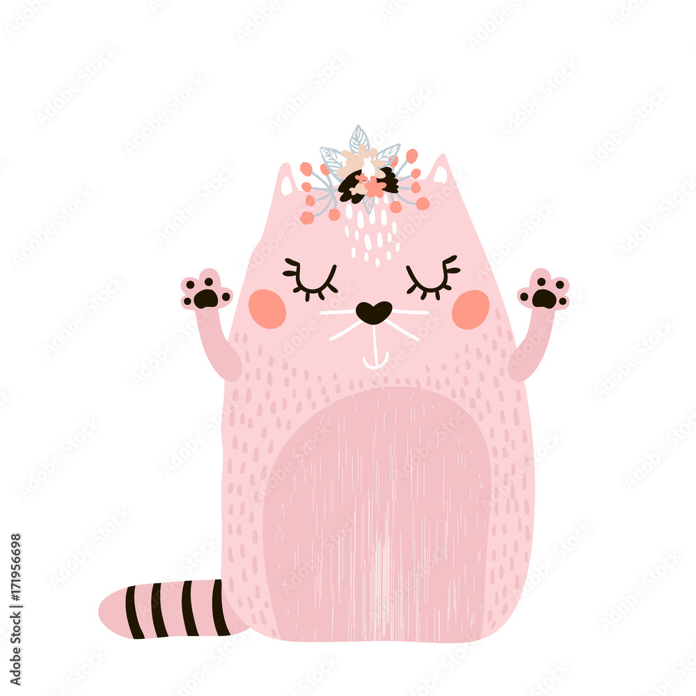Obraz premium Cute cat girl with floral wreath isolated on white. Childish print for apparel, nursery, cards,posters. Vector Illustration