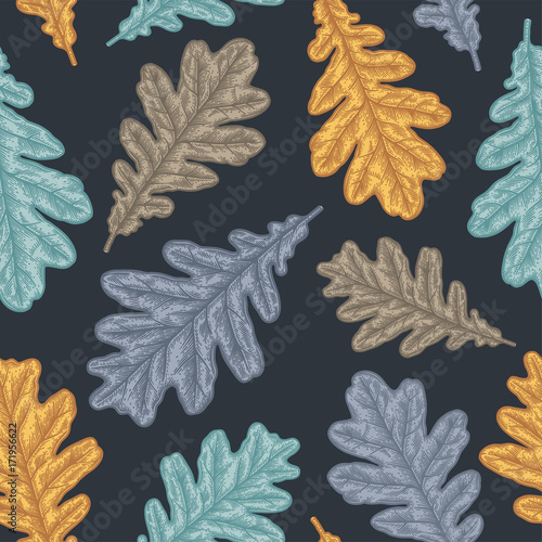 Engraving seamless pattern of Oak Leaf and Acorn.