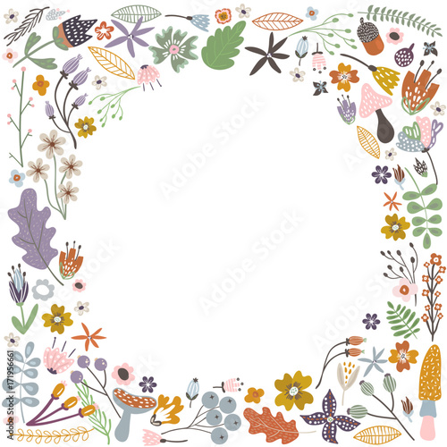 Autumn frame with flowers, leaves and branches. Vector Illustration