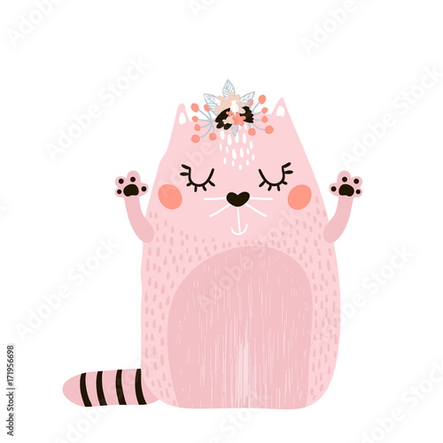 Cute cat girl with floral wreath isolated on white. Childish print for apparel, nursery, cards,posters. Vector Illustration