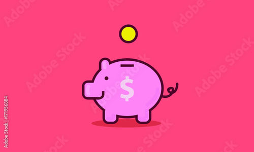 Piggy Bank with Coin (Vector Illustration Line Art Flat Style)