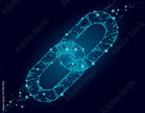 Blockchain link sign low poly design. Internet technology chain icon triangle polygonal hyperlink security business network concept. Blue futuristic style wire connected point vector illustration