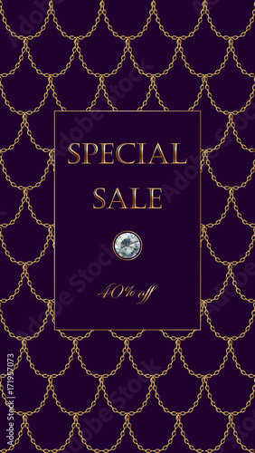 Golden chain luxury sale banner template. Dark deep purple gold fish scales. Promotional commercial offer invitation vector illustration