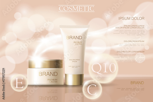 Realistic delicate cosmetic ads banner template. 3d detailed beige tube golden design commercial promotional element. Defocused blurry glowing wave background vector illustration