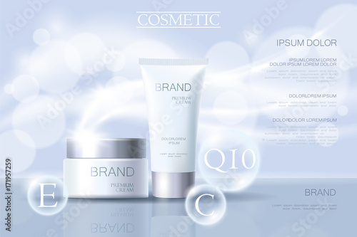 Realistic delicate cosmetic ads banner template. 3d detailed light blue tube metallic silver design commercial promotional element. Defocused blurry glowing wave background vector illustration