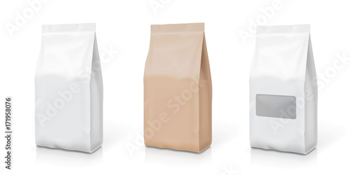 White foil or paper snack bag set. Packaging in food. Vector illustration