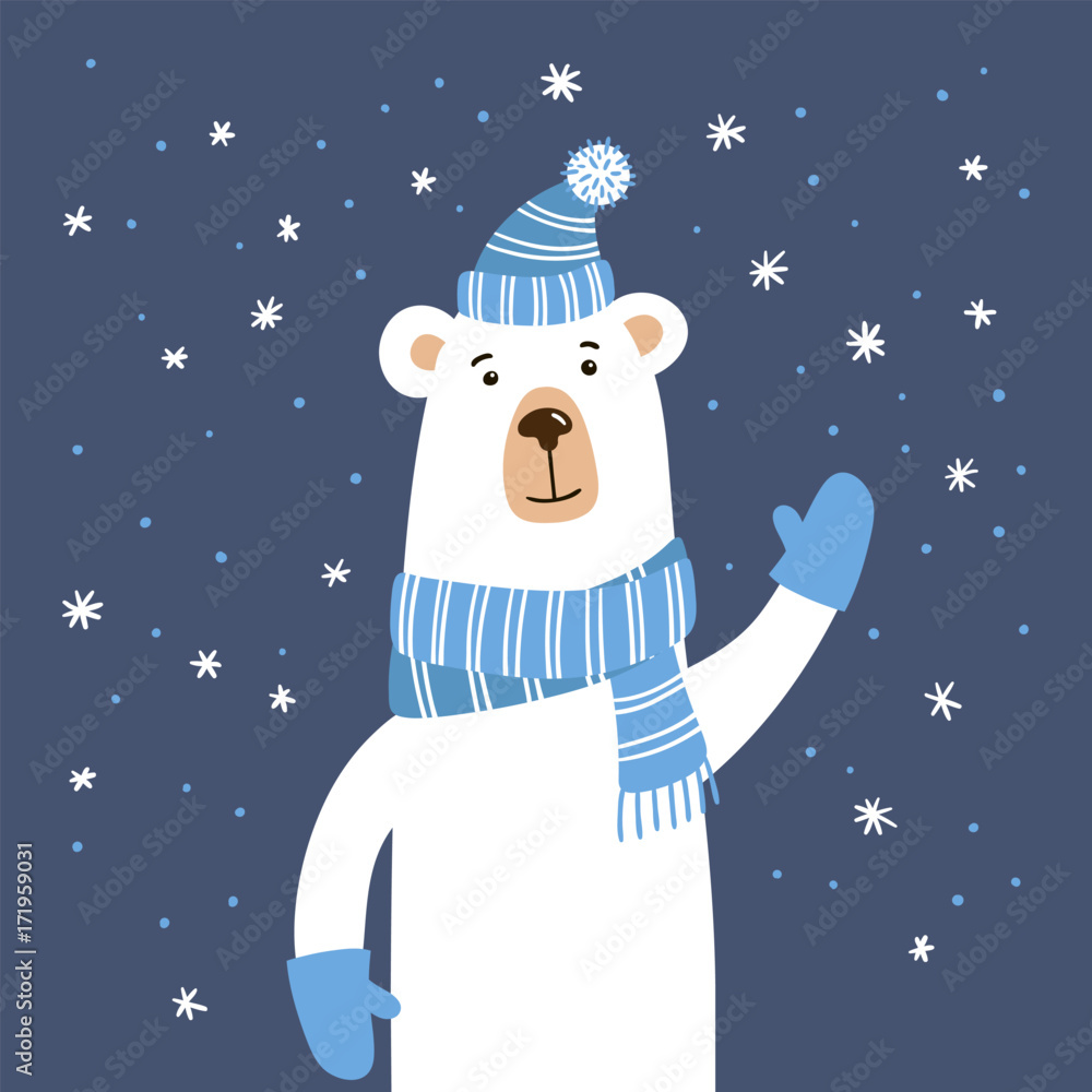 Fototapeta premium Cute cartoon polar bear in the hat, scarf and mittens. Vector illustration.