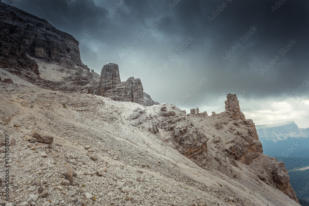 Dolomitic pinnacles in a cloudy mountain scenery, Dolomites, Cortina d'Ampezzo, Italy