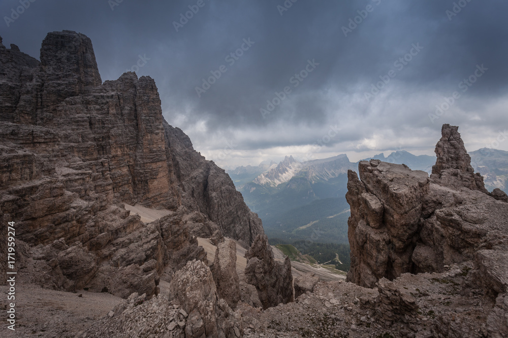 Dolomitic pinnacles in a cloudy mountain scenery, Dolomites, Cortina d'Ampezzo, Italy