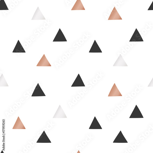 White Christmas and New Year's wrapping paper with triangles of gold and bronze foil. Seamless vector pattern.