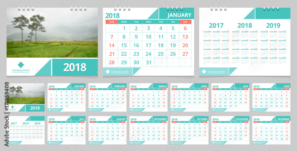 Calendar 2018 week start on Sunday. Desk calendar for corporate business  design green concept color layout template set 12 months, front cover and  back cover. Stock Vector | Adobe Stock