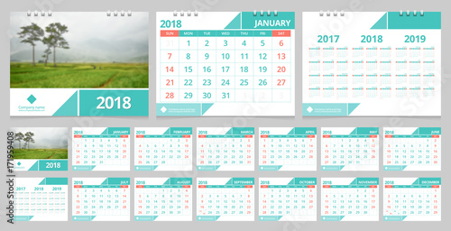 Calendar 2018 week start on Sunday. Desk calendar for corporate business design green concept color layout template set 12 months, front cover and back cover.