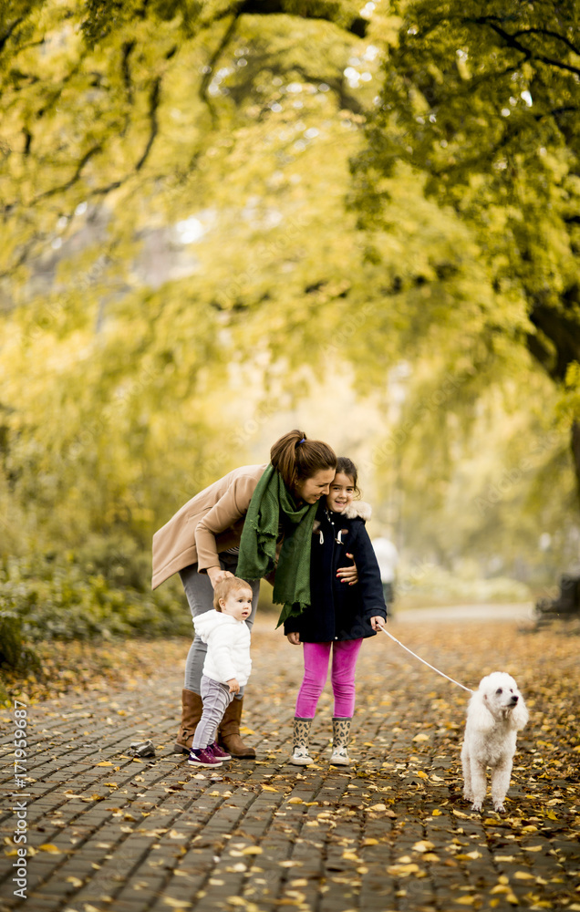 Fototapeta premium Mother and two girls walking with a dog in the autumn park