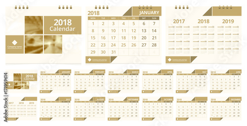 2018 calendar week start on Monday. Desk calendar for corporate business luxury design gold color layout template. Sample image with Gradient Mesh.