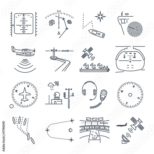 set of thin line icons sea and air navigation, piloting, equipment, devices