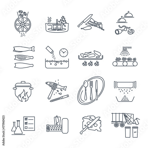 set of thin line icons restaurant, cafe, kitchen production process
