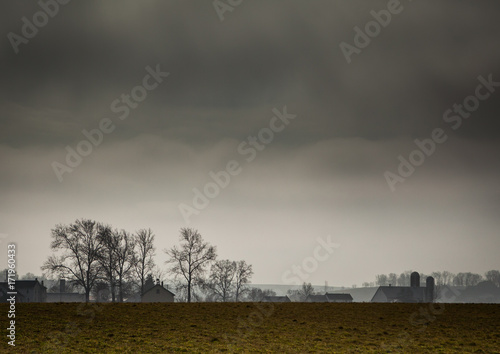 Lancaster County Pennsylvania Amish farmland on a foggy morning