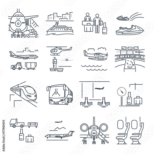 set of thin line icons travel, tourism, transport, air, train